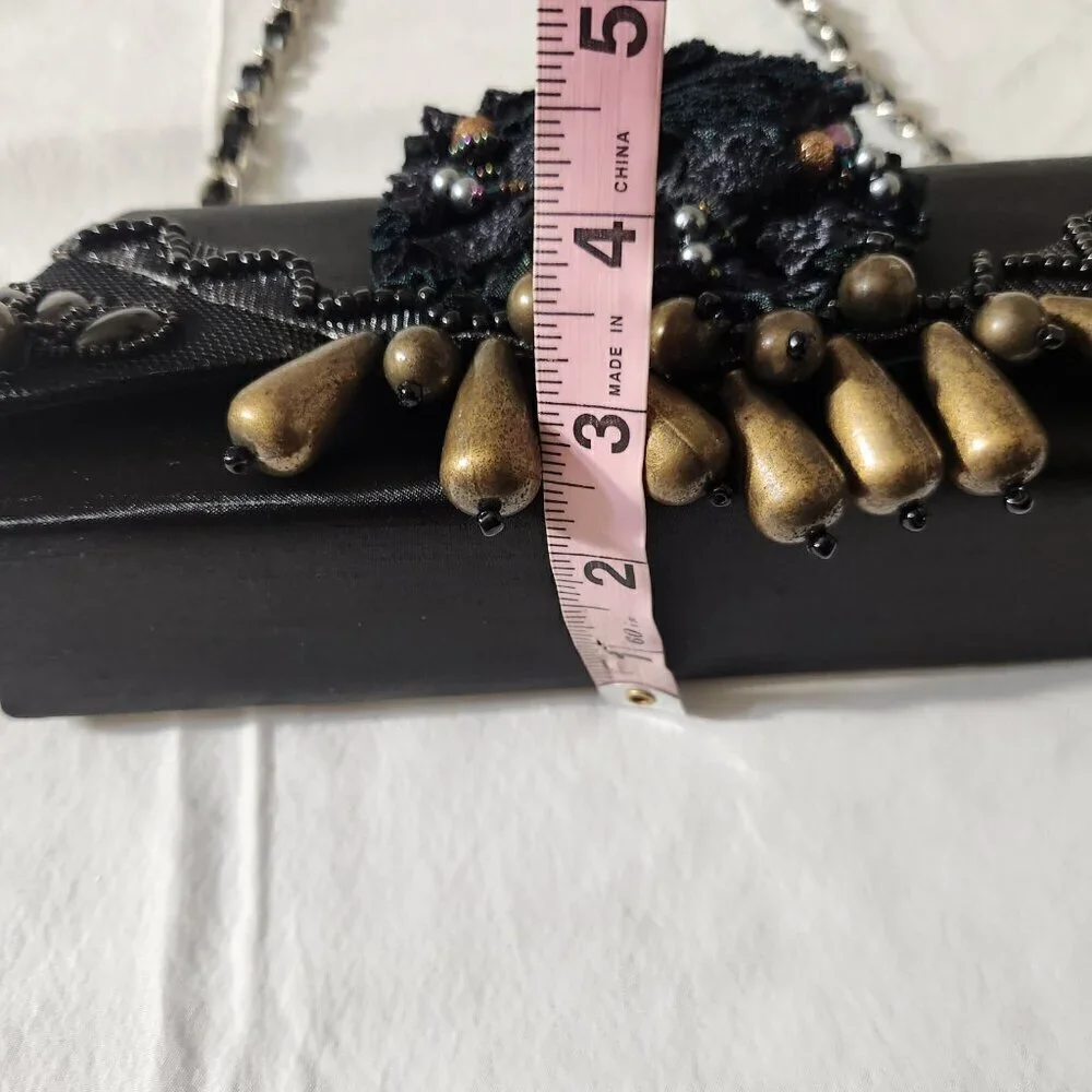 Women Vintage Small Black Satin Beaded Evening Shoulder Clutch Bag Formal Party